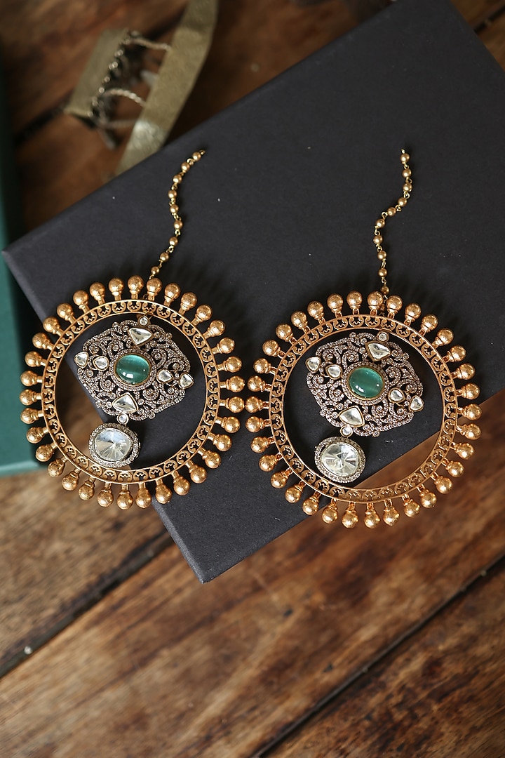 Gold Plated Kundan Polki & Zirconia Statement Earrings by Paisley Pop at Pernia's Pop Up Shop