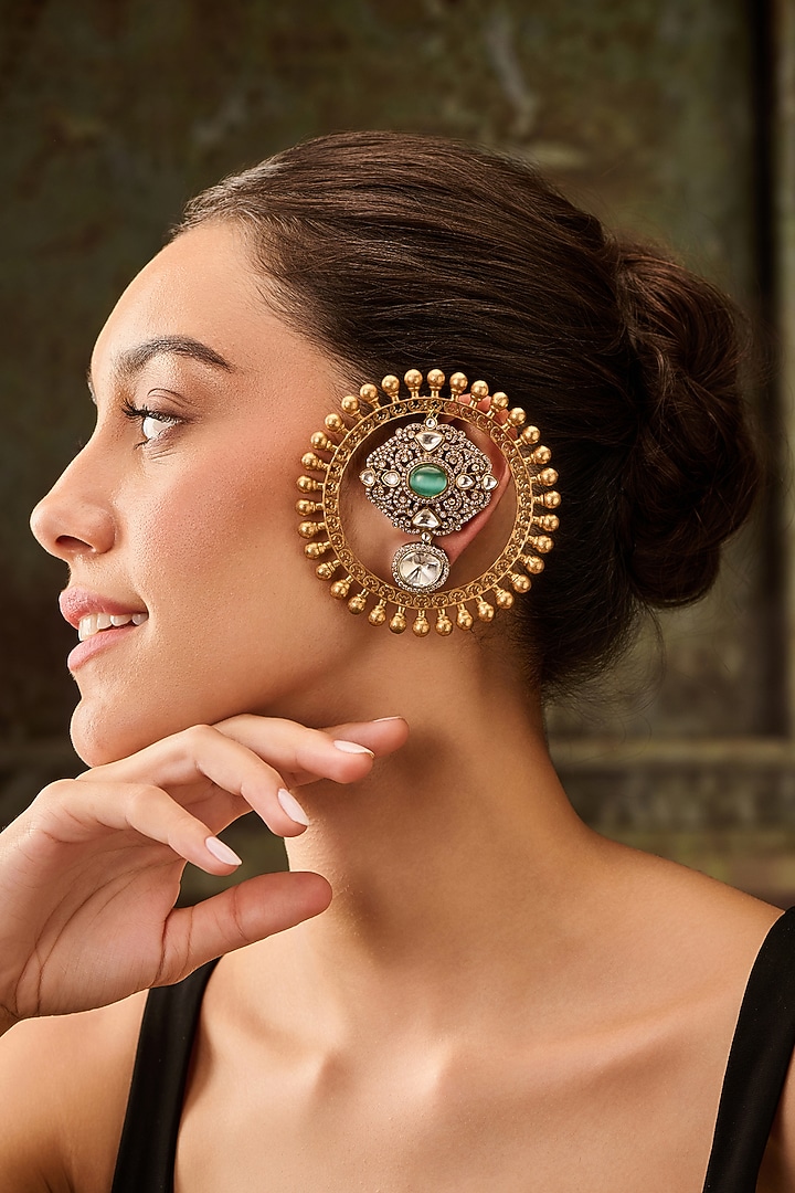 Gold Plated Kundan Polki & Zirconia Statement Earrings by Paisley Pop at Pernia's Pop Up Shop