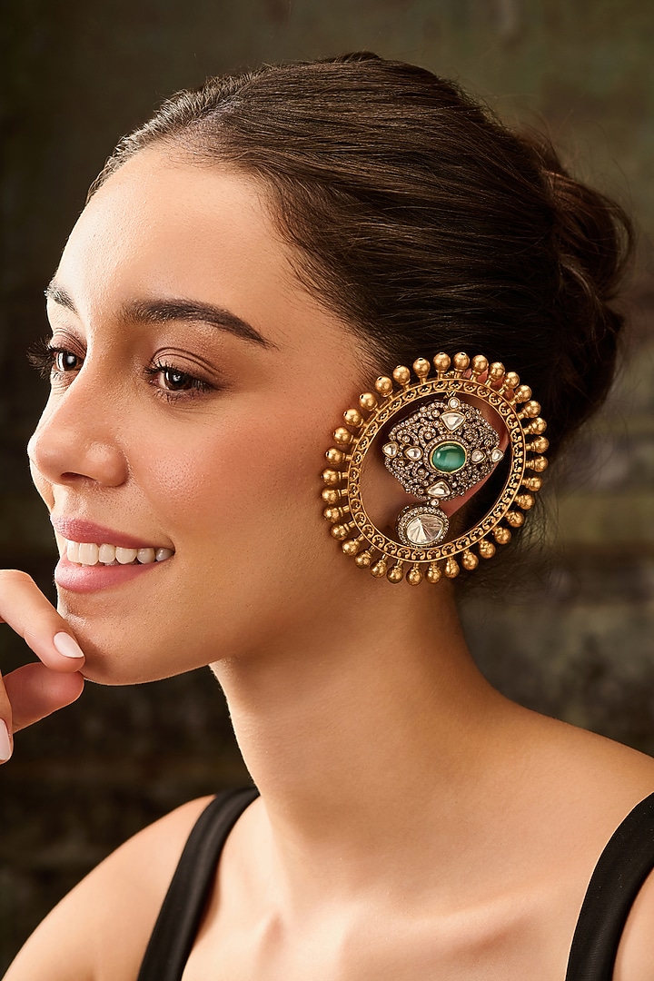 Gold Plated Kundan Polki & Zirconia Statement Earrings by Paisley Pop at Pernia's Pop Up Shop