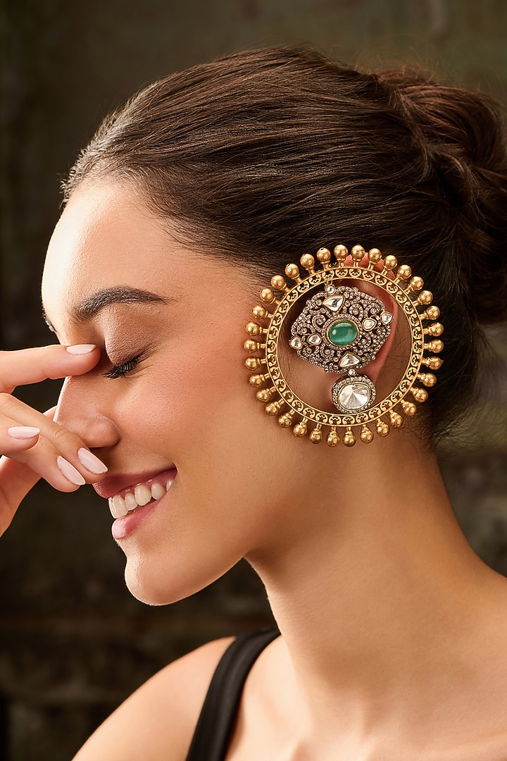 Gold Plated Kundan Polki & Zirconia Statement Earrings by Paisley Pop at Pernia's Pop Up Shop
