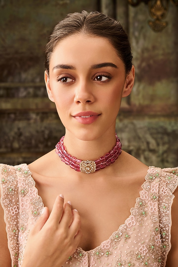 Gold Plated Kundan Polki & Pink Natural Stone Necklace by Paisley Pop at Pernia's Pop Up Shop