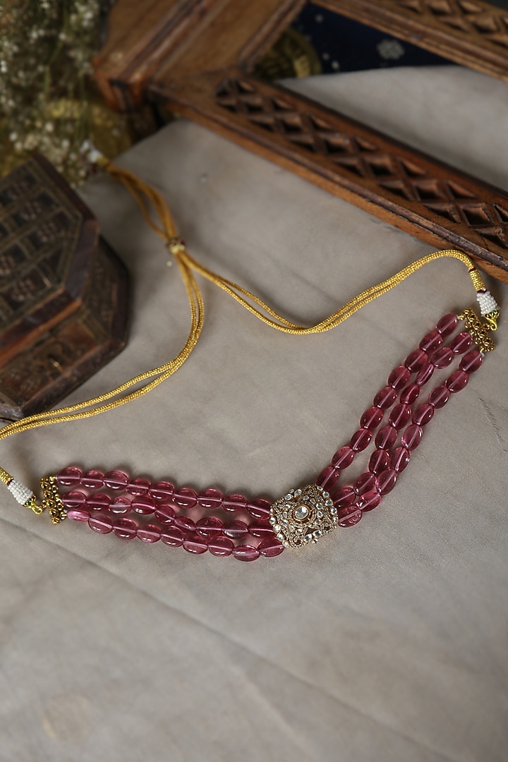 Gold Plated Kundan Polki & Pink Natural Stone Necklace by Paisley Pop at Pernia's Pop Up Shop