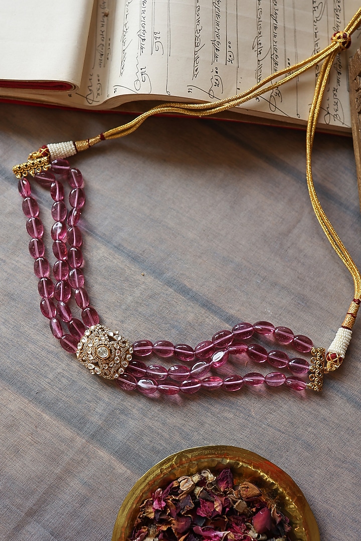 Gold Plated Kundan Polki & Pink Natural Stone Necklace by Paisley Pop at Pernia's Pop Up Shop