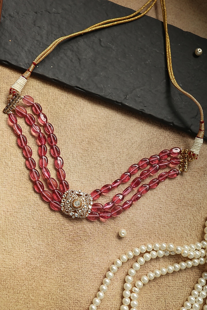 Gold Plated Kundan Polki & Pink Natural Stone Necklace by Paisley Pop at Pernia's Pop Up Shop