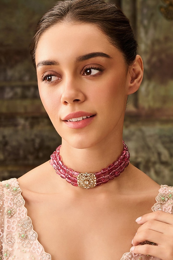 Gold Plated Kundan Polki & Pink Natural Stone Necklace by Paisley Pop at Pernia's Pop Up Shop
