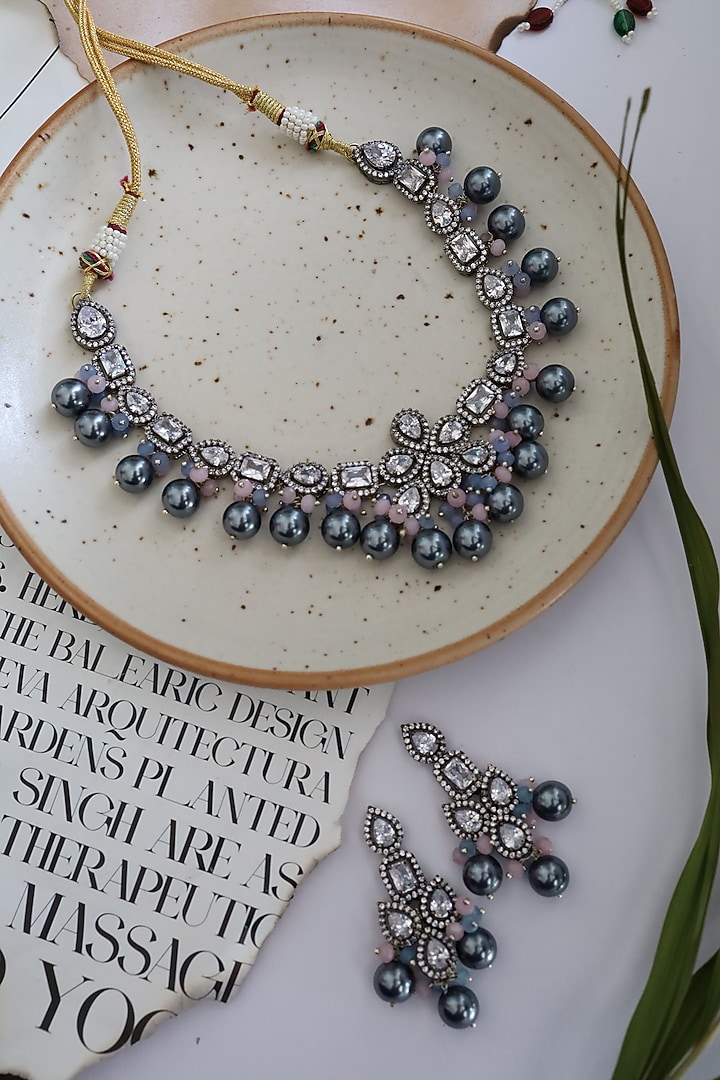 Rhodium Finish Faux Diamond Necklace Set by Paisley Pop at Pernia's Pop Up Shop