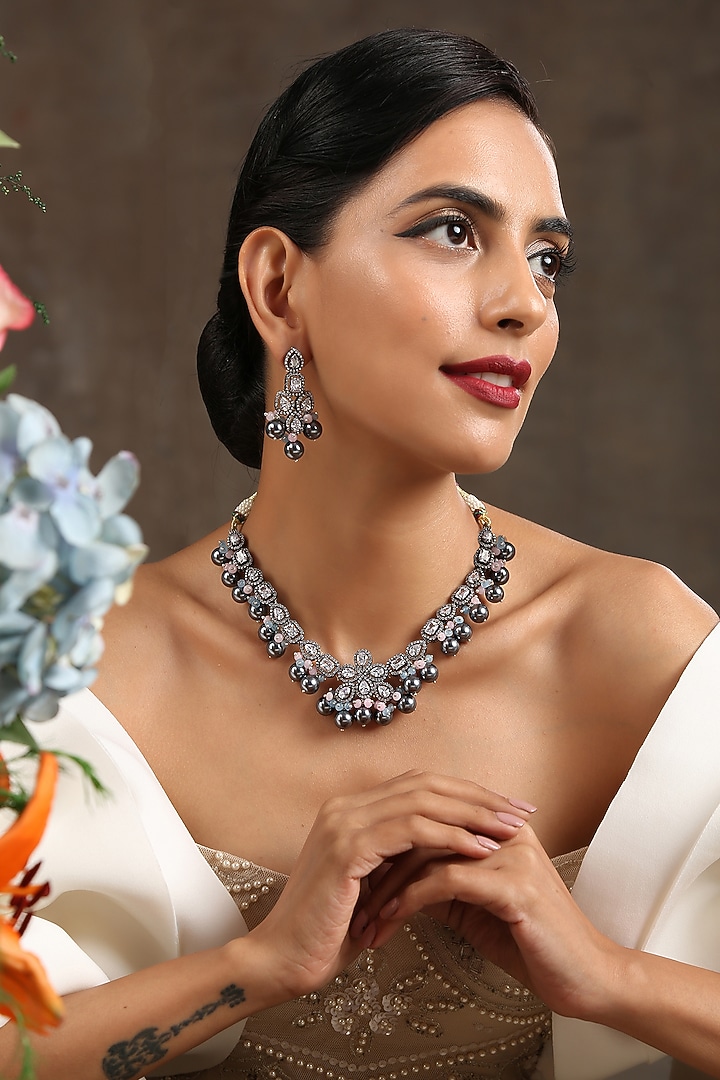 Rhodium Finish Faux Diamond Necklace Set by Paisley Pop at Pernia's Pop Up Shop