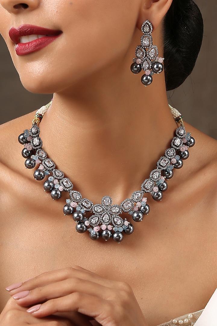 Rhodium Finish Faux Diamond Necklace Set by Paisley Pop at Pernia's Pop Up Shop