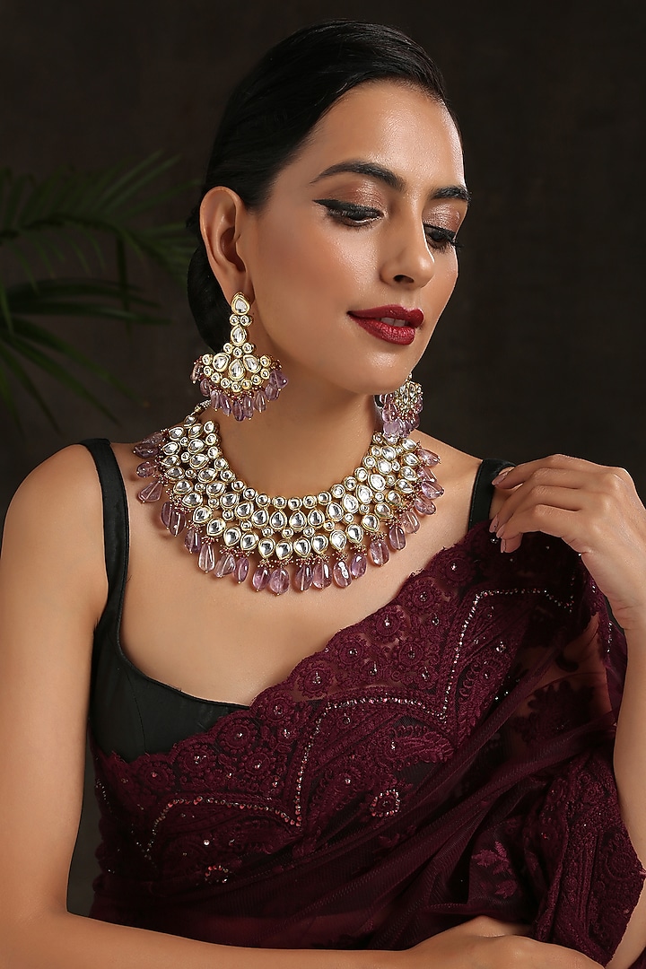 Gold Finish Kundan Choker Necklace Set by Paisley Pop at Pernia's Pop Up Shop