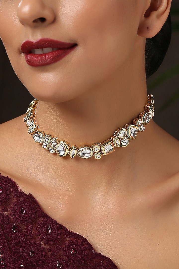 Gold Finish Choker Necklace With Kundan by Paisley Pop at Pernia's Pop Up Shop