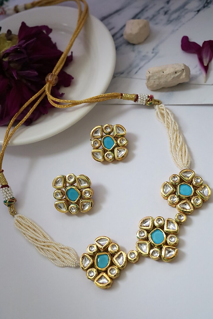 Gold Finish Choker Necklace Set With Kundan & Stones by Paisley Pop at Pernia's Pop Up Shop