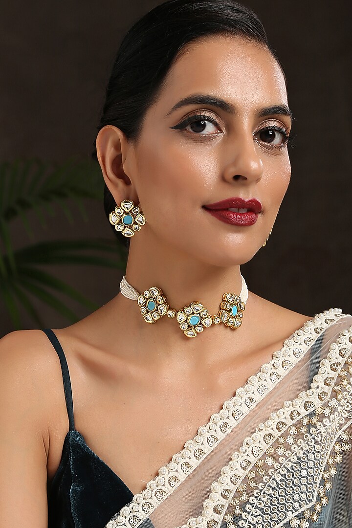 Gold Finish Choker Necklace Set With Kundan & Stones by Paisley Pop at Pernia's Pop Up Shop