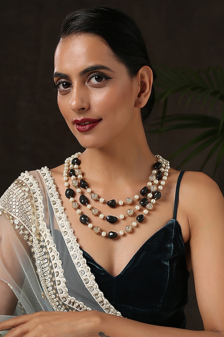 Gold Finish Kundan Multi-Layered Necklace by Paisley Pop at Pernia's Pop Up Shop