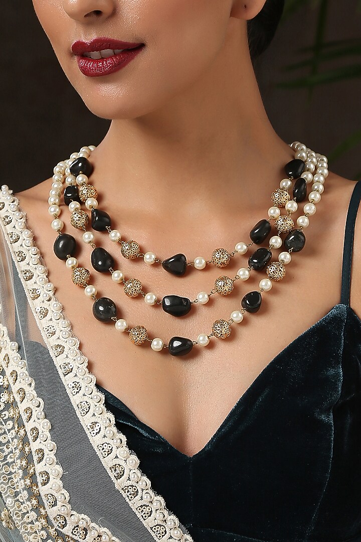 Gold Finish Kundan Multi-Layered Necklace by Paisley Pop at Pernia's Pop Up Shop