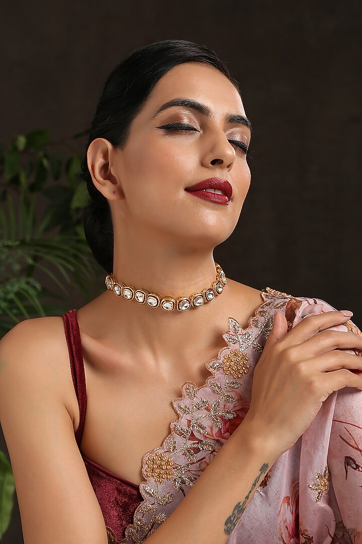 Gold Finish Kundan Choker Necklace by Paisley Pop at Pernia's Pop Up Shop
