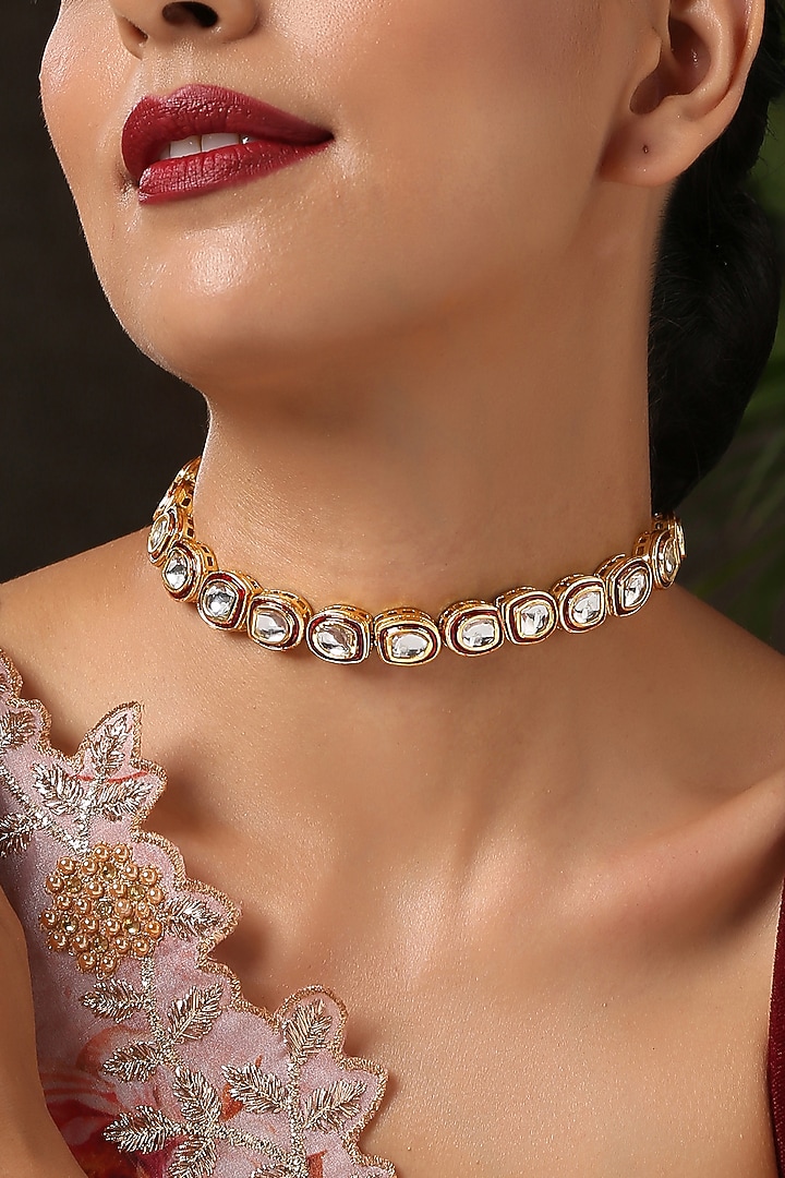 Gold Finish Kundan Choker Necklace by Paisley Pop at Pernia's Pop Up Shop