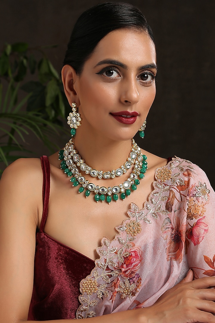 Gold Finish Enamelled Kundan Polki Necklace Set by Paisley Pop at Pernia's Pop Up Shop