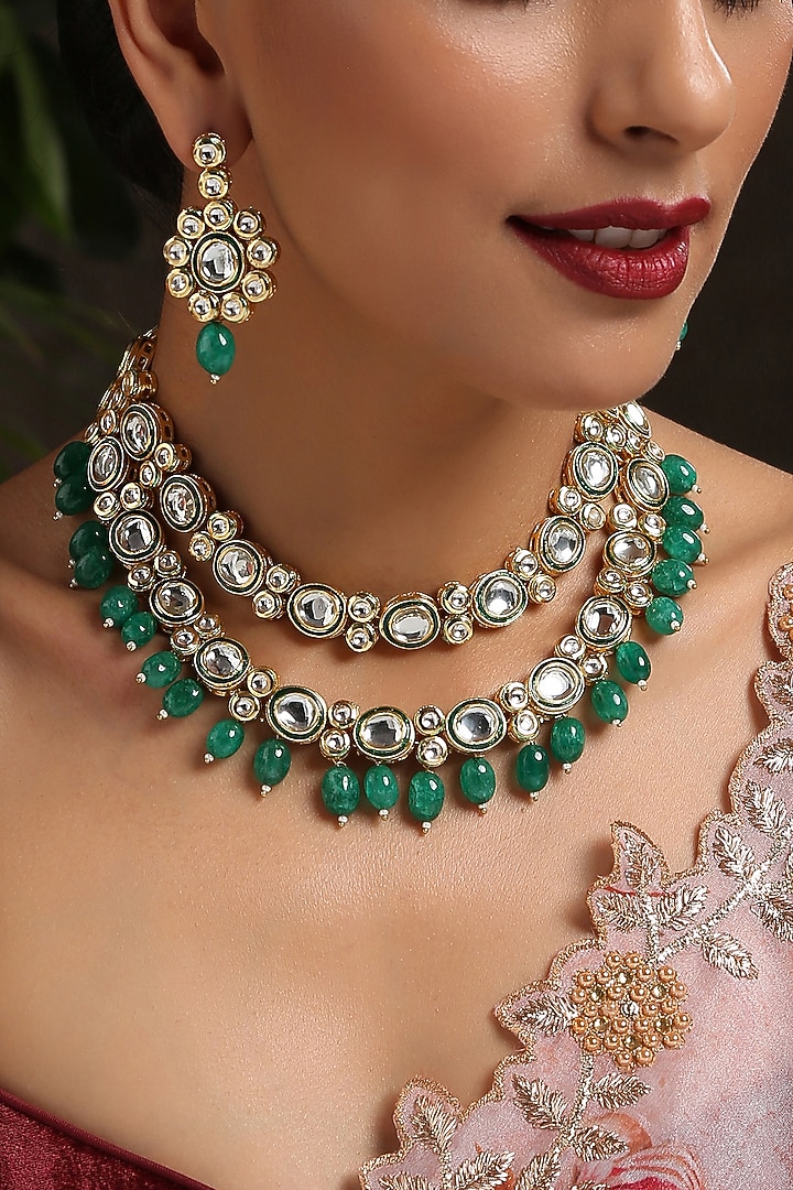 Gold Finish Enamelled Kundan Polki Necklace Set by Paisley Pop at Pernia's Pop Up Shop