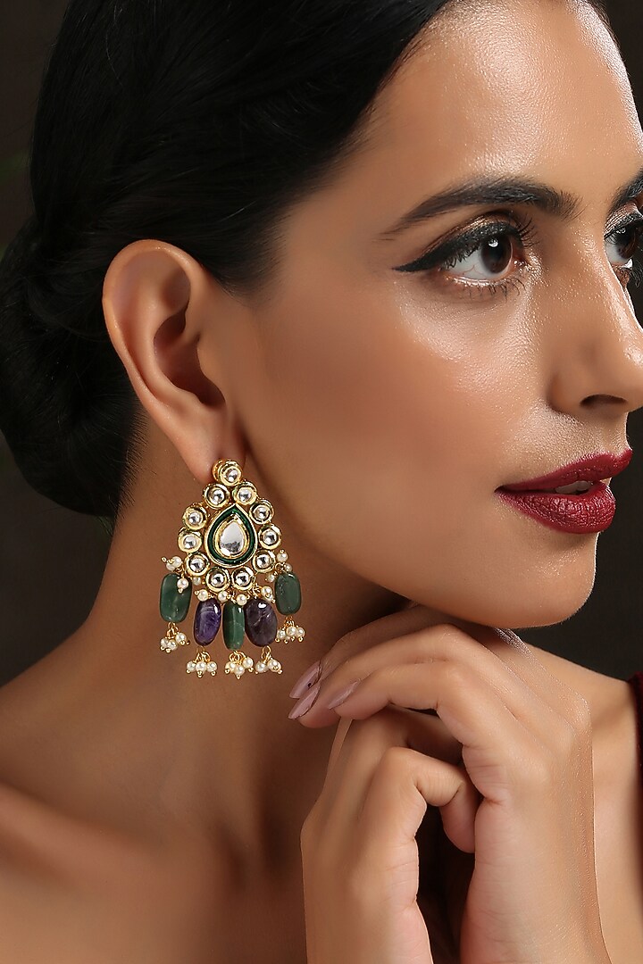 Gold Finish Green Kundan Polki Necklace Set by Paisley Pop at Pernia's Pop Up Shop