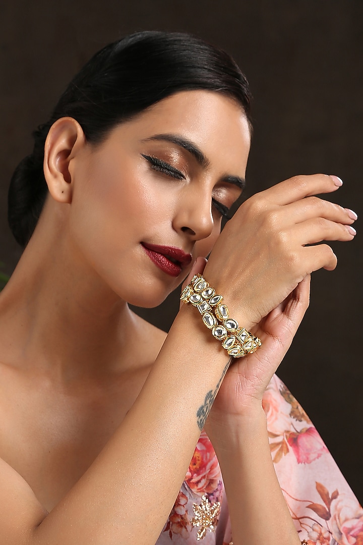 Gold Finish Kundan Polki Bracelet by Paisley Pop at Pernia's Pop Up Shop