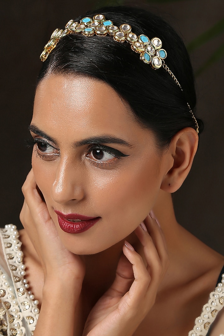 Gold Finish Kundan Polki & Turquoise Stone Head Band by Paisley Pop at Pernia's Pop Up Shop