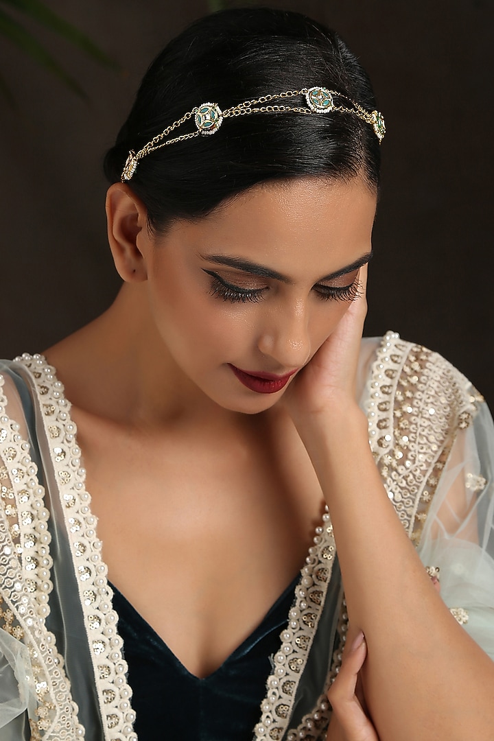 Gold Finish Shell Pearl Matha Patti by Paisley Pop at Pernia's Pop Up Shop