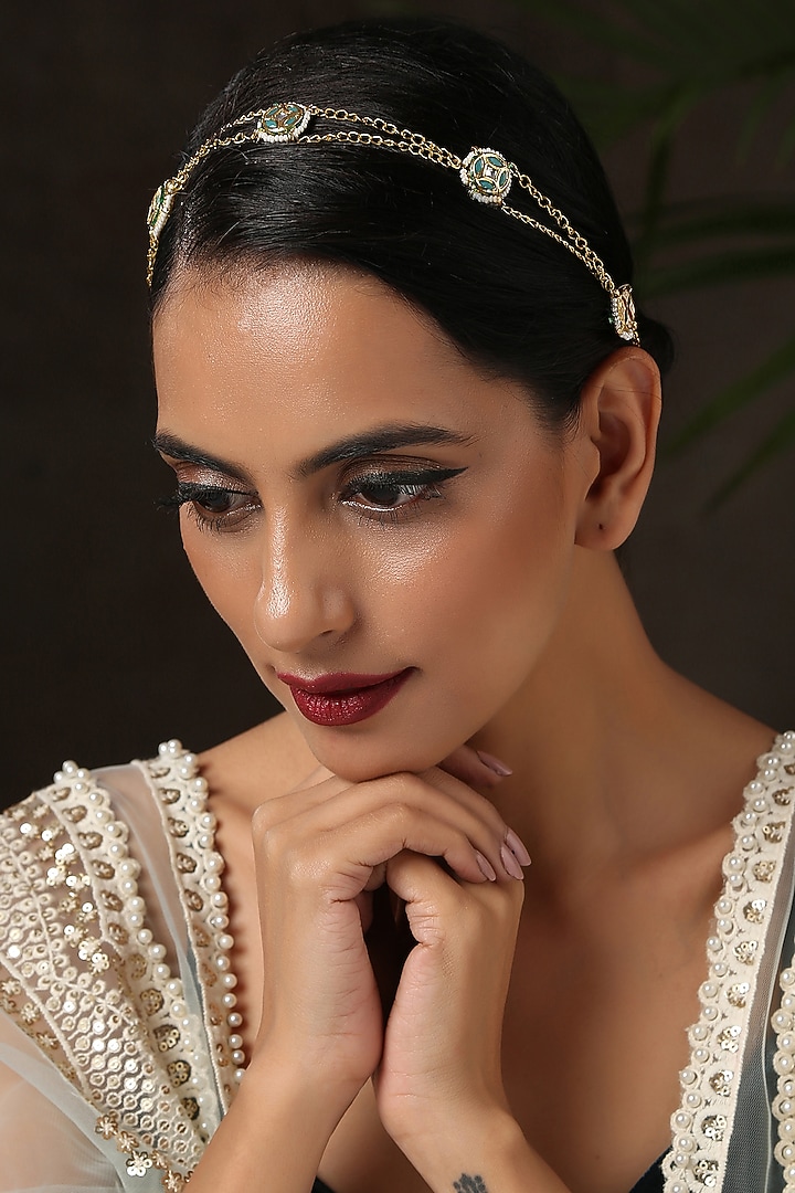 Gold Finish Shell Pearl Matha Patti by Paisley Pop at Pernia's Pop Up Shop