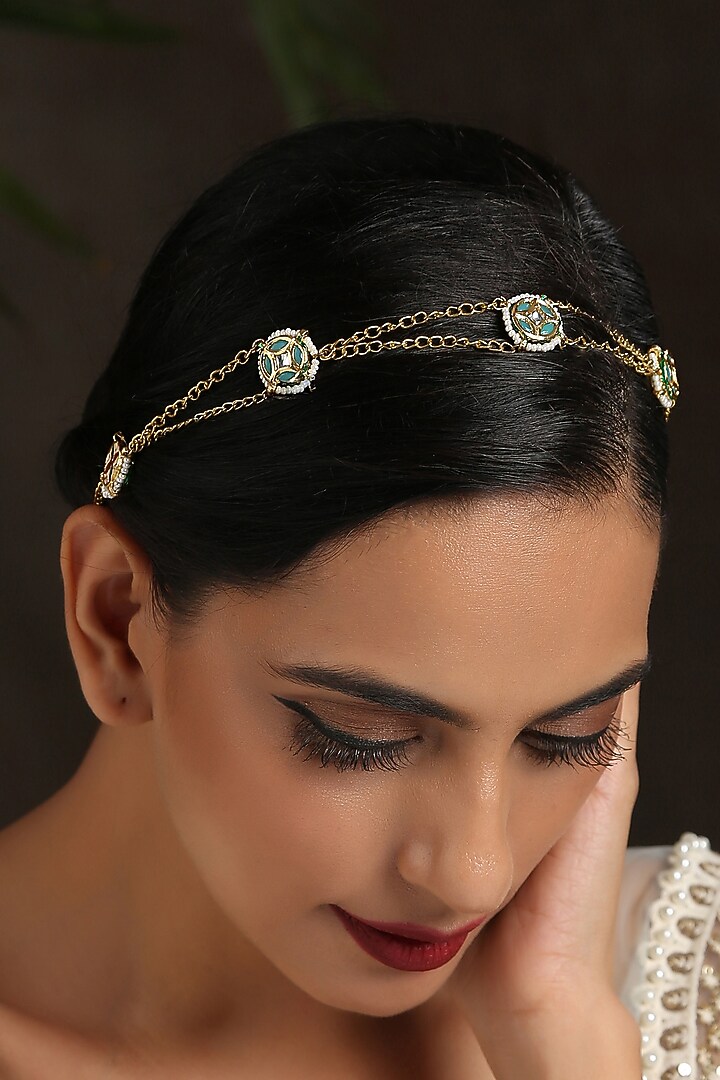 Gold Finish Shell Pearl Matha Patti by Paisley Pop at Pernia's Pop Up Shop