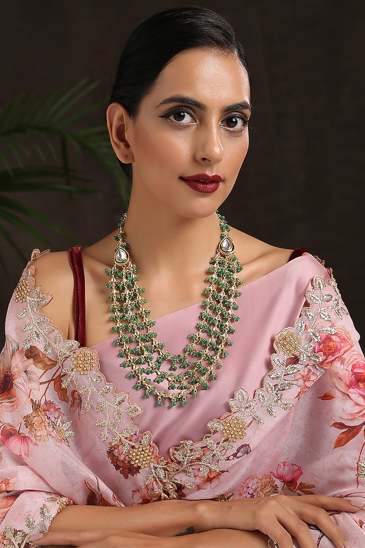 Gold Finish Green Stone Layered Necklace by Paisley Pop at Pernia's Pop Up Shop