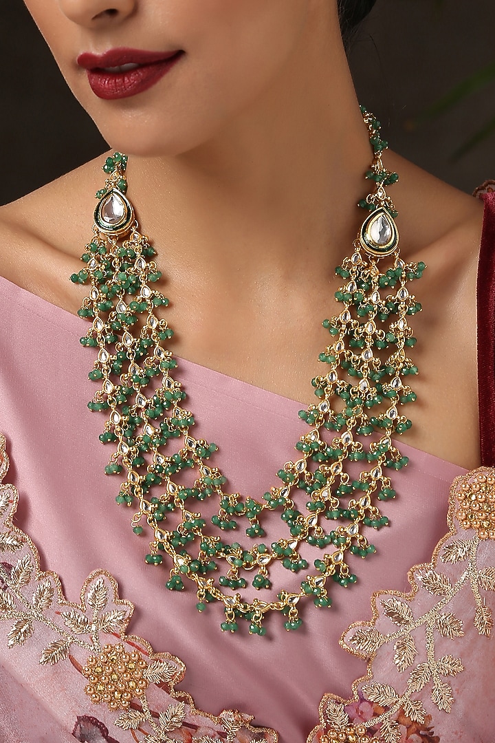 Gold Finish Green Stone Layered Necklace by Paisley Pop at Pernia's Pop Up Shop