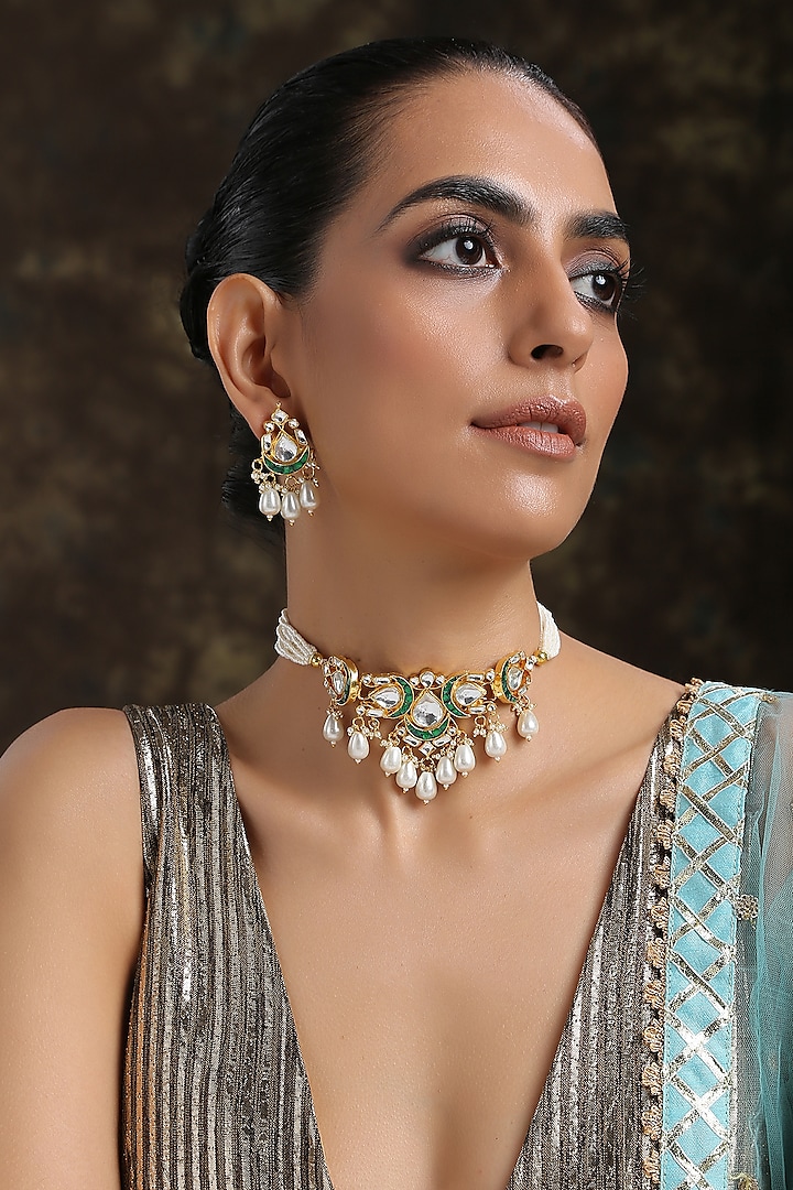 Gold Plated Shell Pearl Choker Necklace Set by Paisley Pop at Pernia's Pop Up Shop