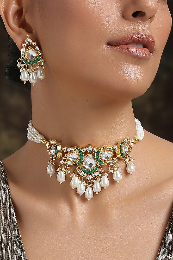 Gold Plated Shell Pearl Choker Necklace Set by Paisley Pop at Pernia's Pop Up Shop