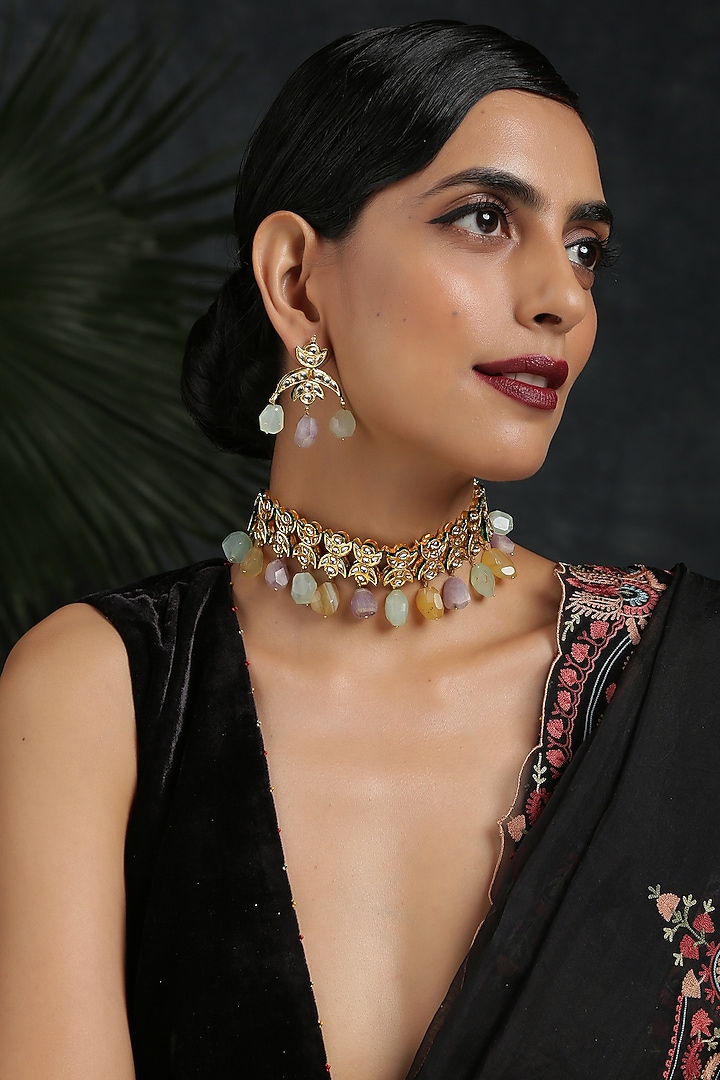 Gold Finish Emerald Choker Necklace Set by Paisley Pop at Pernia's Pop Up Shop