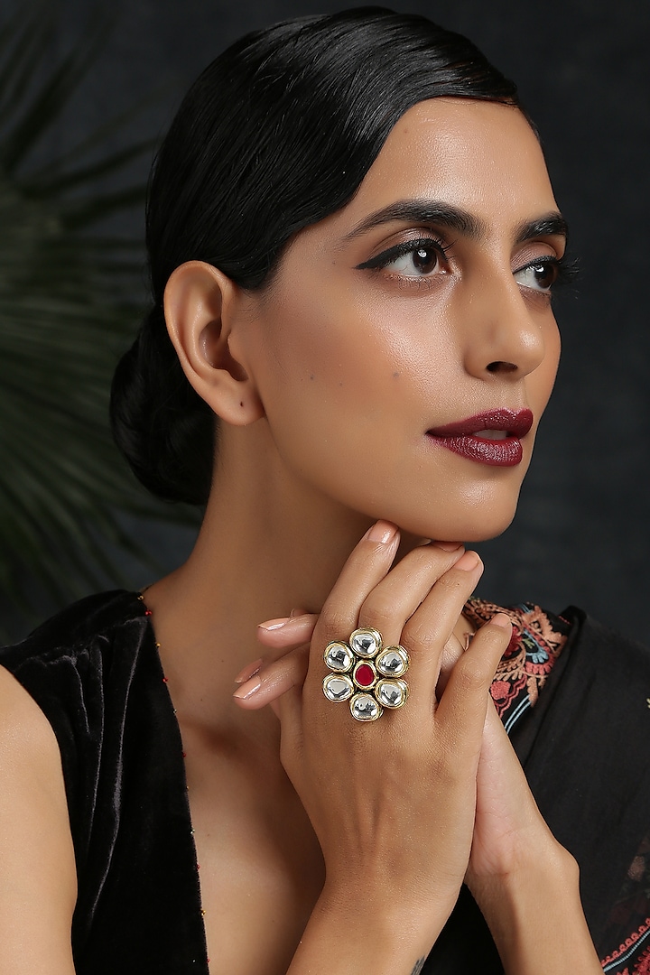 Gold Plated Kundan Polki Cocktail Ring by Paisley Pop