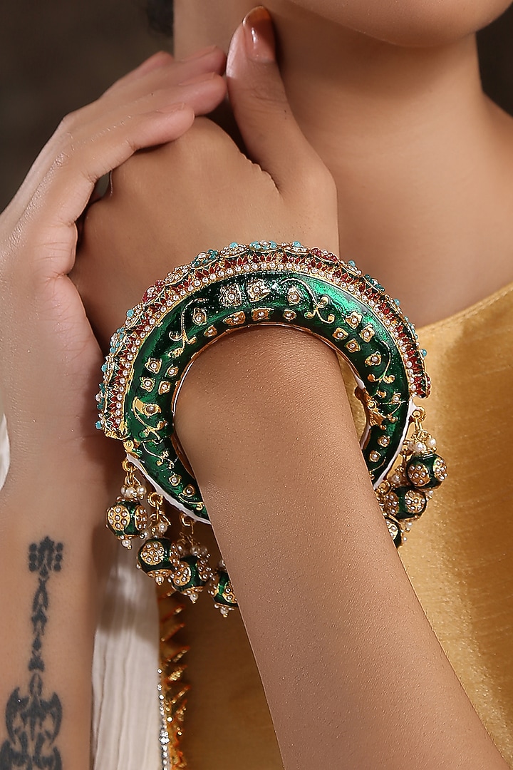 Gold Finish Hand Painted Meenakari Bangle by Paisley Pop at Pernia's Pop Up Shop