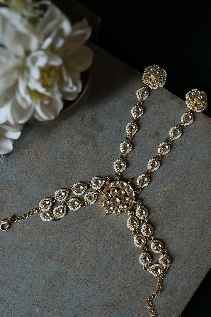 Gold Plated Kundan Polki & Pearl Floral Hathphool by Paisley Pop at Pernia's Pop Up Shop