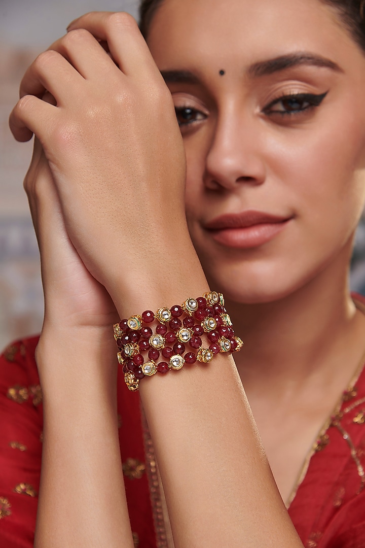 Gold Plated Kundan Polki & Red Stone Handcrafted Bracelet by Paisley Pop