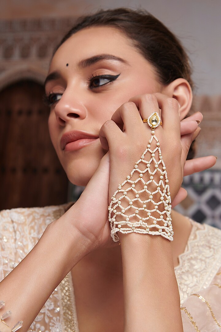 Gold Plated Kundan Polki & Seed Pearl Hathphool by Paisley Pop at Pernia's Pop Up Shop