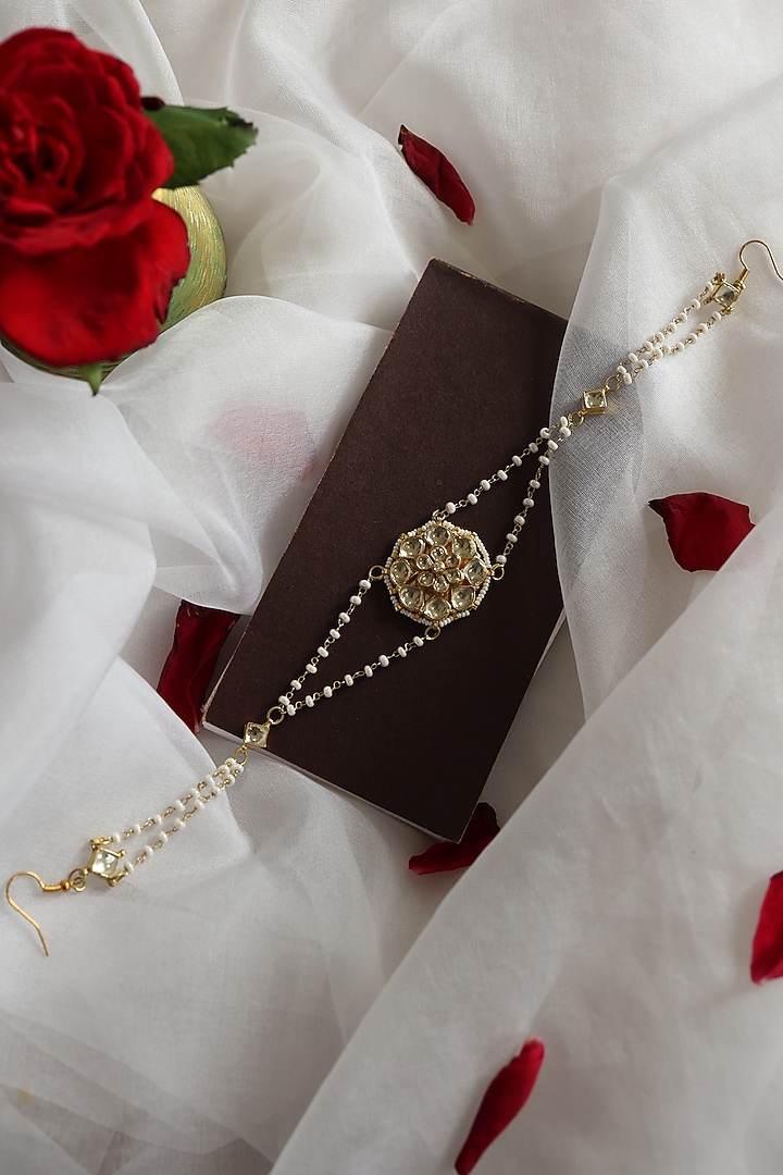 Gold Plated Kundan Polki & Pearl Headband by Paisley Pop at Pernia's Pop Up Shop