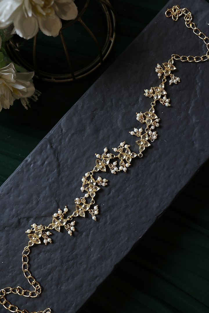 Gold Plated Kundan Polki & Pearl Headband by Paisley Pop at Pernia's Pop Up Shop