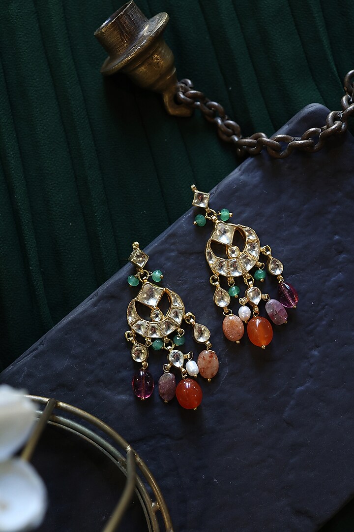 Gold Plated Kundan Polki & Multi-Colored Stone Earrings by Paisley Pop at Pernia's Pop Up Shop