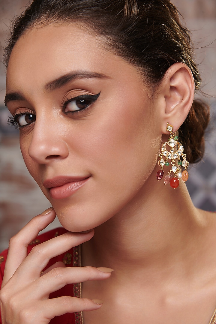 Gold Plated Kundan Polki & Multi-Colored Stone Earrings by Paisley Pop at Pernia's Pop Up Shop