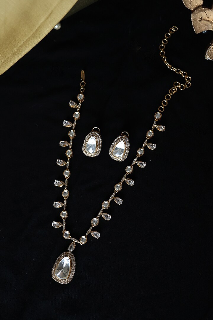 Gold Plated Kundan Polki & Cubic Zirconia Necklace Set by Paisley Pop at Pernia's Pop Up Shop