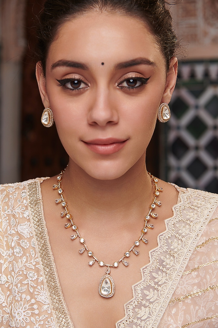 Gold Plated Kundan Polki & Cubic Zirconia Necklace Set by Paisley Pop at Pernia's Pop Up Shop