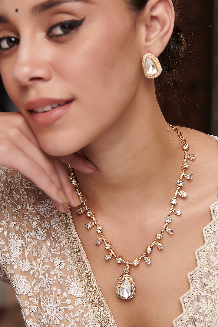 Gold Plated Kundan Polki & Cubic Zirconia Necklace Set by Paisley Pop at Pernia's Pop Up Shop