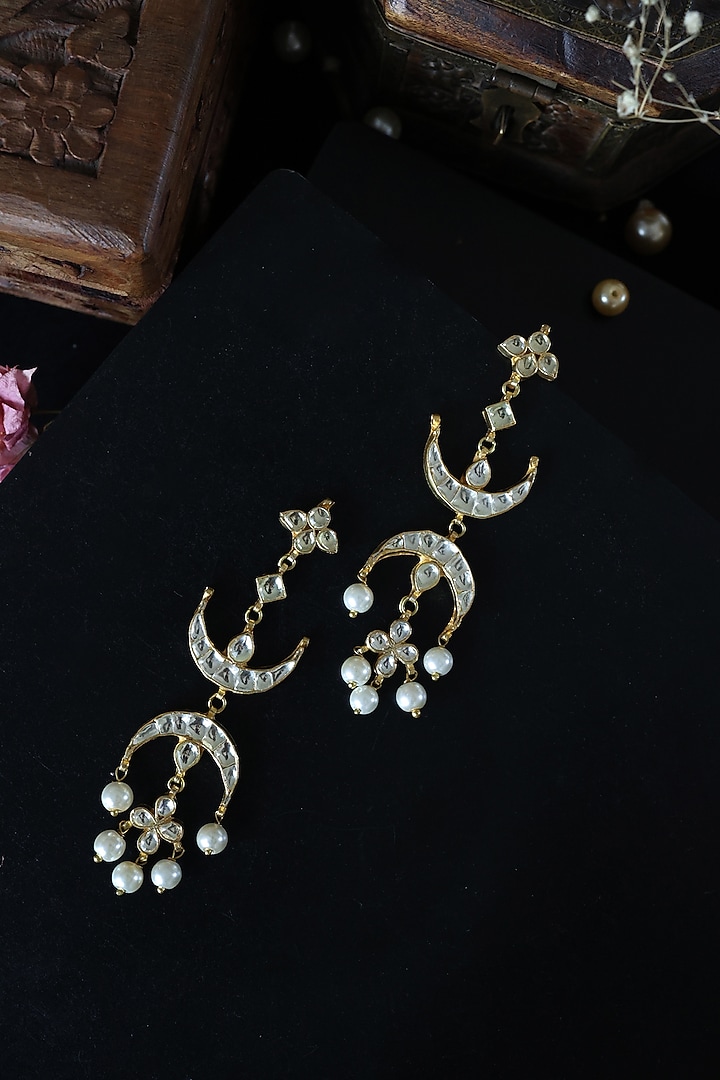 Gold Plated Kundan Polki & Pearl Dangler Earrings by Paisley Pop at Pernia's Pop Up Shop