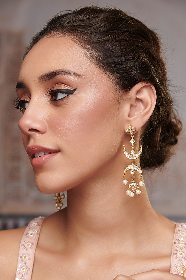 Gold Plated Kundan Polki & Pearl Dangler Earrings by Paisley Pop at Pernia's Pop Up Shop