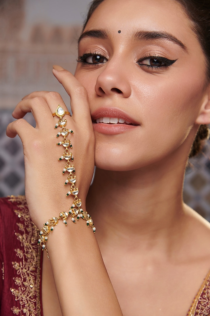 Gold Plated Kundan Polki & Pearl Hathphool by Paisley Pop at Pernia's Pop Up Shop