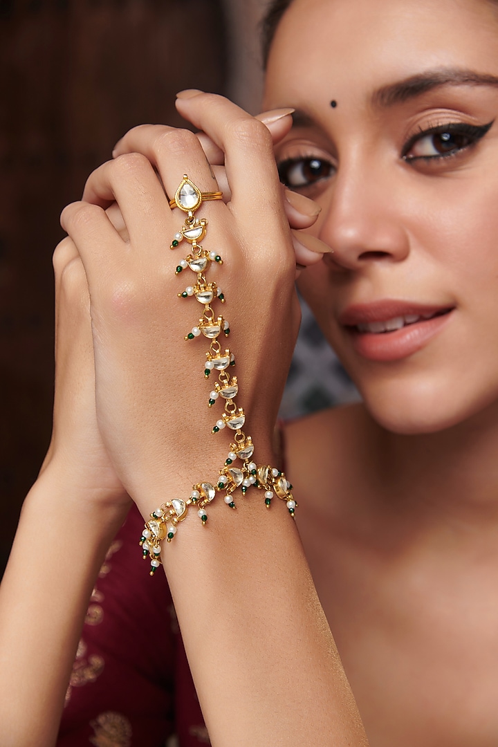 Gold Plated Kundan Polki & Pearl Hathphool by Paisley Pop at Pernia's Pop Up Shop