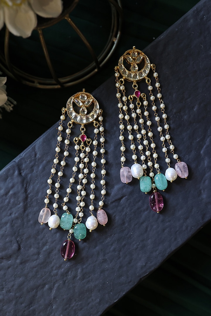 Gold Plated Kundan Polki & Multi-Colored Fluorite Stone Dangler Earrings by Paisley Pop at Pernia's Pop Up Shop